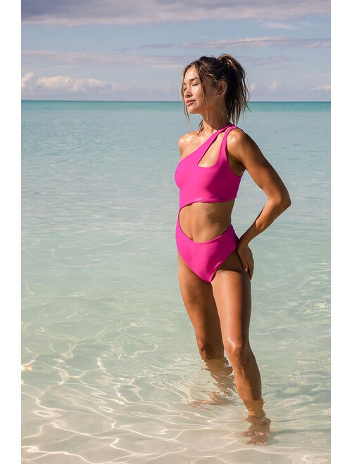Lulus Sun Bound Fuchsia Cutout One-Shoulder One-Piece Swimsuit