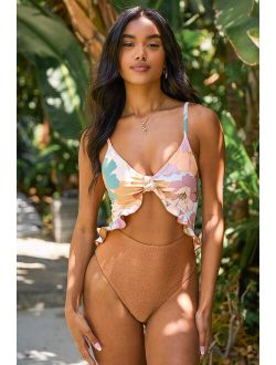 Power 2 the Flower Carly Pink Floral and Brown Glitter Cutout One-Piece Swimsuit