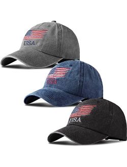 Geyoga USA Flag Hat American Flag Baseball Cap USA Tactical Hat Washed Distressed Hats for Men Women Teens (Navy, Black, Gray,3 Pcs)
