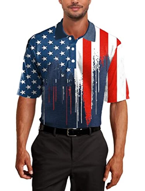 AOBUTE Mens Patriotic Polo Shirts July 4th American Flag Golf Activewear Tops