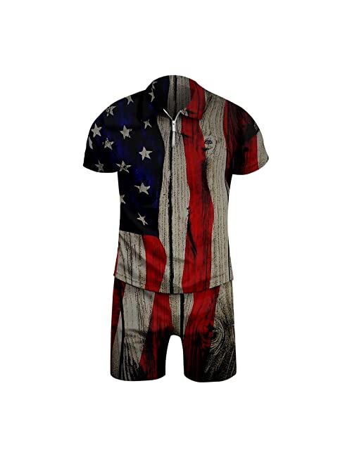 Fxbar Men's Patriotic Zipper Collar T-Shirts Outfits Breathable Sweat-Absorbing American Flag Short Sleeve Shirts Set