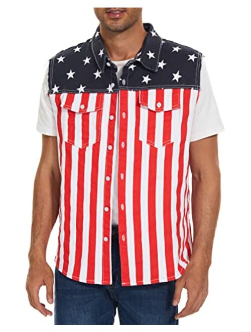 OeyFnbmO Men's Denim American Flag Retro 80s Vest Stretch Sleeveless Jean Shirt With a Collar Slim Fit Lightweight