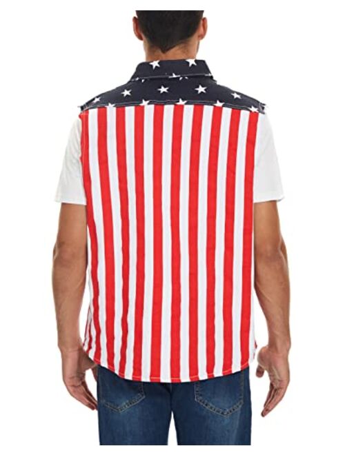OeyFnbmO Men's Denim American Flag Retro 80s Vest Stretch Sleeveless Jean Shirt With a Collar Slim Fit Lightweight