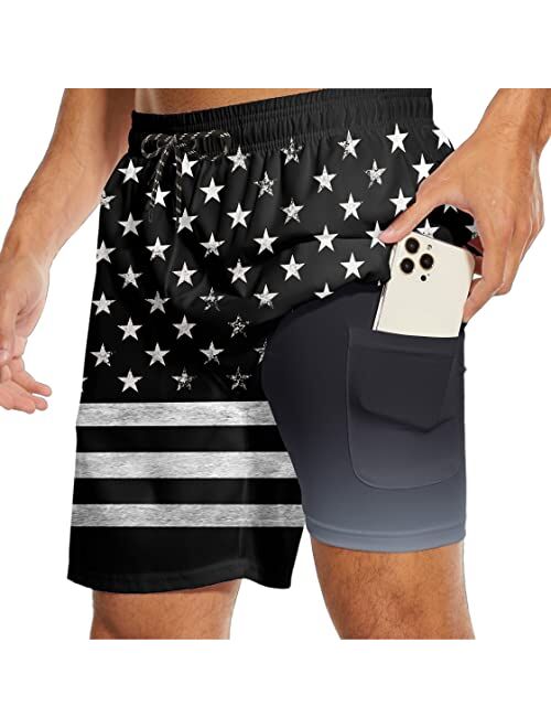 CHILLTEK Men's 2 in 1 Running Shorts Quick Dry Printed Athletic Shorts with Compression Liner and Side Pockets