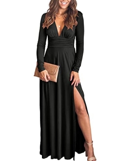 Women's Deep V Neck Short Sleeve Long Dresses Pleated High Waist Slit Club Party Evening Maxi Dress