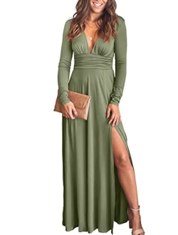 Women's Deep V Neck Short Sleeve Long Dresses Pleated High Waist Slit Club Party Evening Maxi Dress