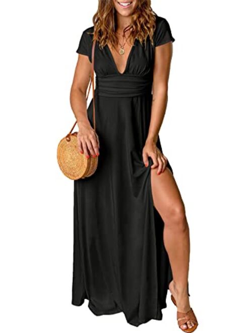 ANRABESS Women's Deep V Neck Short Sleeve Long Dresses Pleated High Waist Slit Club Party Evening Maxi Dress