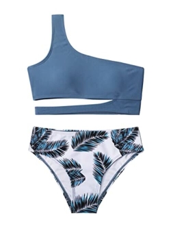 Dearnow Girls Swimsuit Two Piece One Shoulder Cutout Bikini Summer Beach Girls Bathing Suits