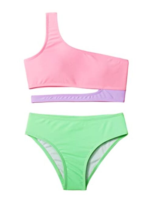 Dearnow Girls Swimsuit Two Piece One Shoulder Cutout Bikini Summer Beach Girls Bathing Suits