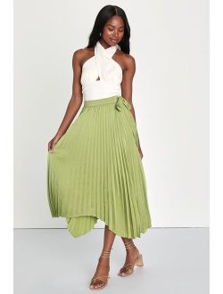 Springtime Sensation Green Plisse Pleated Satin Wrap Midi Skirt