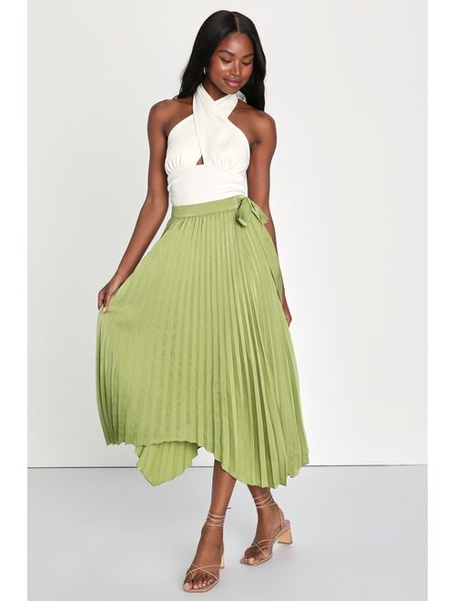 Lulus Springtime Sensation Green Plisse Pleated Satin Wrap Midi Skirt