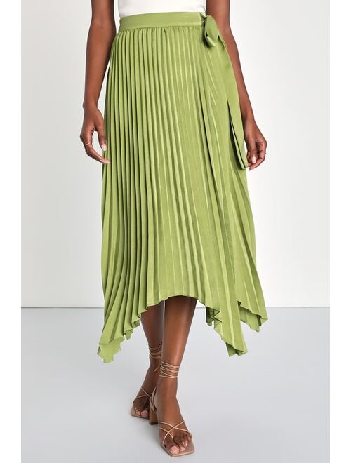 Lulus Springtime Sensation Green Plisse Pleated Satin Wrap Midi Skirt