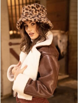Women's Faux Fur Iconic Bucket Hat with Wide Brim, Camel, One Size