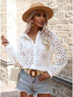 VCAY Eyelet Embroidery Button Front Shirt