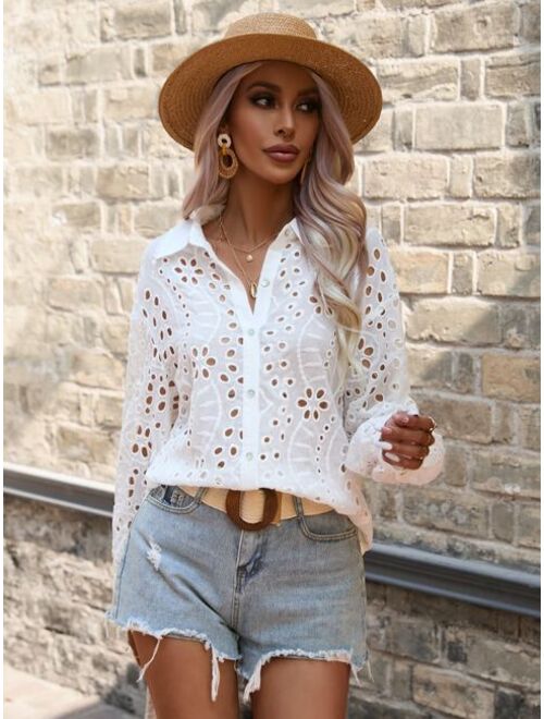 SHEIN VCAY Eyelet Embroidery Button Front Shirt