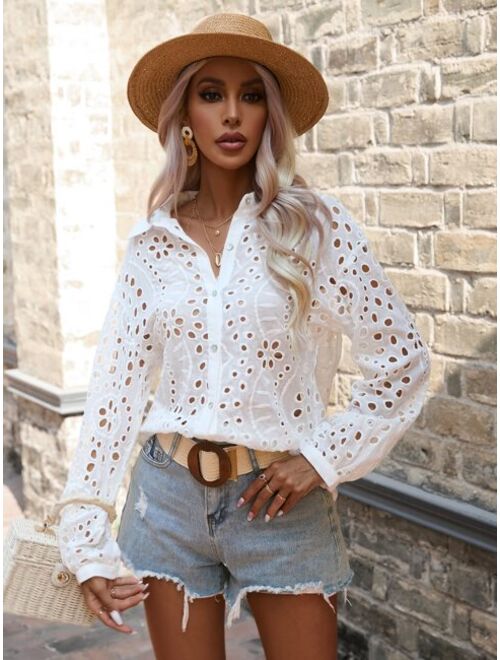 SHEIN VCAY Eyelet Embroidery Button Front Shirt