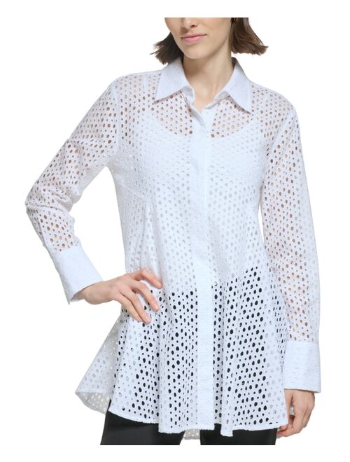DONNA KARAN Women's Cotton Circle-Lace Spread-Collar Tunic