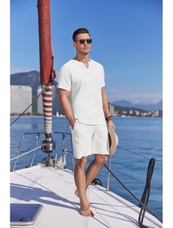 Men's 2 Pieces Cotton Linen Set Short Sleeve Henley Shirts Casual Beach Shorts Summer Yoga Outfits