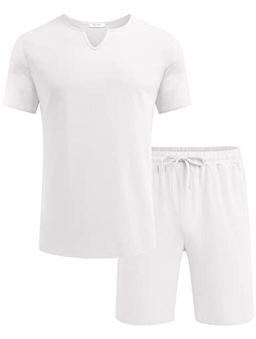 COOFANDY Men's 2 Pieces Cotton Linen Set Short Sleeve Henley Shirts Casual Beach Shorts Summer Yoga Outfits