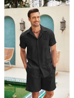 Men Linen Sets Outfits 2 Piece Short Sleeve Cuban Shirts Guayabera Linen Suit