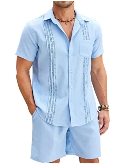 Men Linen Sets Outfits 2 Piece Short Sleeve Cuban Shirts Guayabera Linen Suit