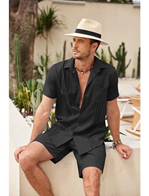 COOFANDY Men Linen Sets Outfits 2 Piece Short Sleeve Cuban Shirts Guayabera Linen Suit