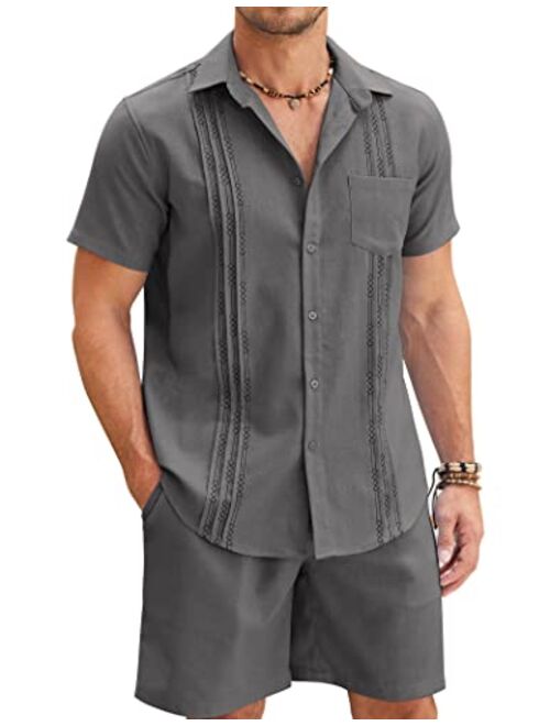 COOFANDY Men Linen Sets Outfits 2 Piece Short Sleeve Cuban Shirts Guayabera Linen Suit