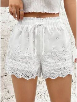 Eyelet Embroidery Scallop Trim Knot Front Shorts