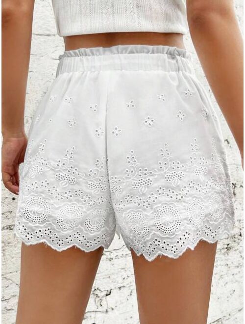 SHEIN Eyelet Embroidery Scallop Trim Knot Front Shorts