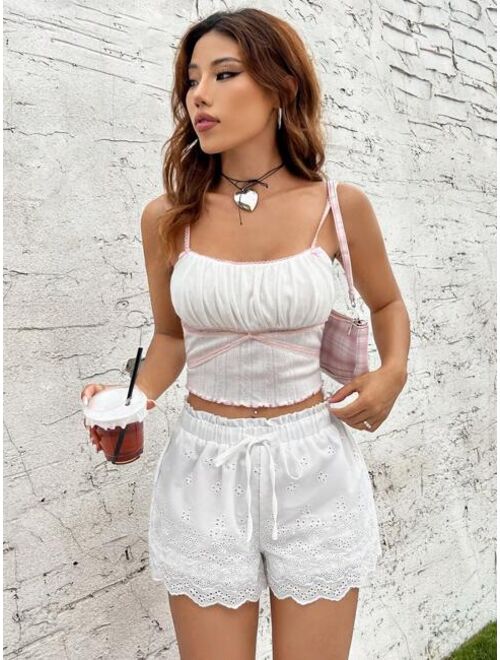 SHEIN Eyelet Embroidery Scallop Trim Knot Front Shorts