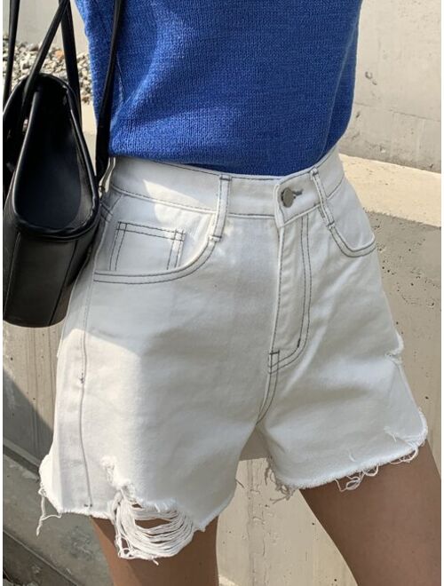 DAZY Solid Ripped Raw Hem Shorts