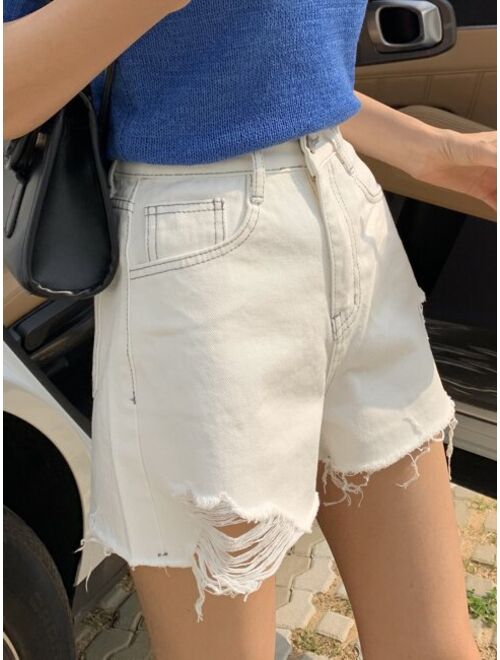 DAZY Solid Ripped Raw Hem Shorts