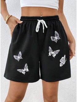 Butterfly Print Drawstring Waist Shorts