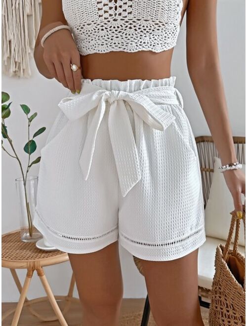 SHEIN VCAY Paperbag Waist Belted Eyelet Detail Shorts