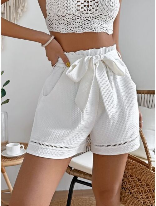 SHEIN VCAY Paperbag Waist Belted Eyelet Detail Shorts