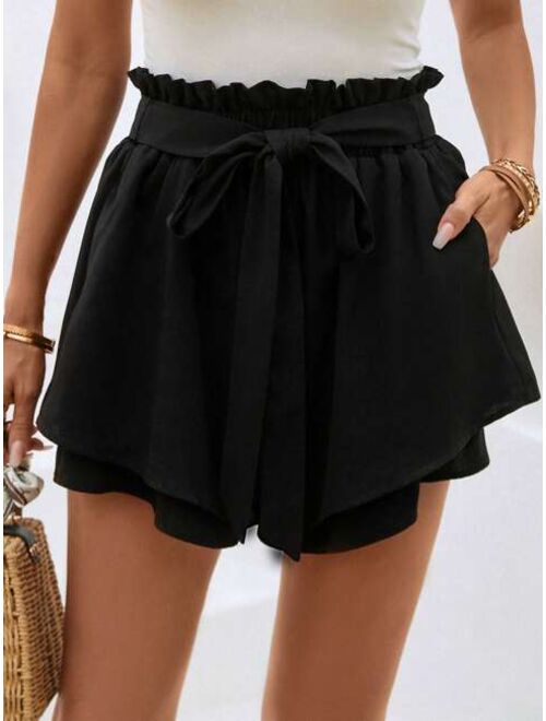 SHEIN VCAY Paperbag Waist Belted Wide Leg Shorts