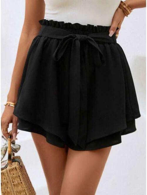 SHEIN VCAY Paperbag Waist Belted Wide Leg Shorts