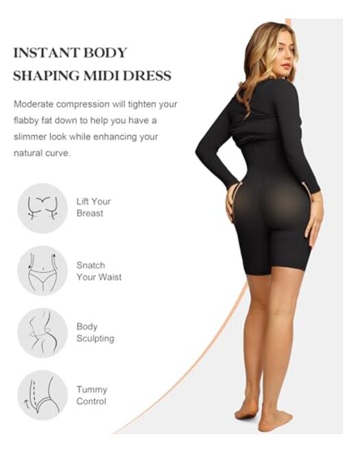 Popilush Shaper Dress Bodycon Maxi/Mini Built in Shapewear Bra 8 in 1 Women Lounge Long Sleeve Backless Dresses