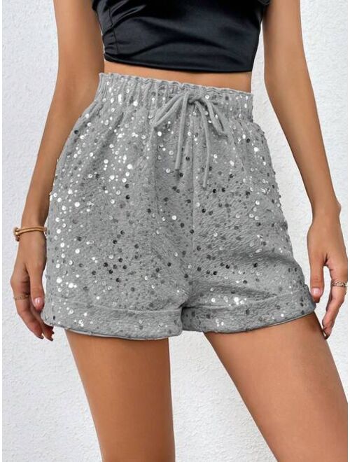 SHEIN BAE Drawstring Waist Sequin Shorts