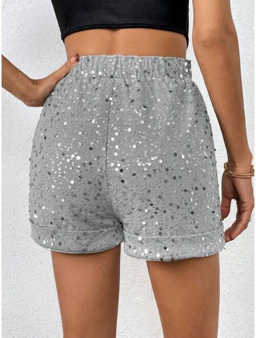 SHEIN BAE Drawstring Waist Sequin Shorts