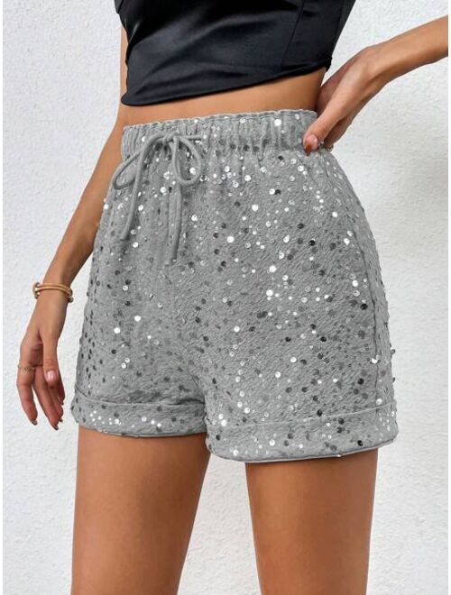 SHEIN BAE Drawstring Waist Sequin Shorts