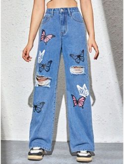 Teen Girls Butterfly Print Ripped Straight Leg Jeans