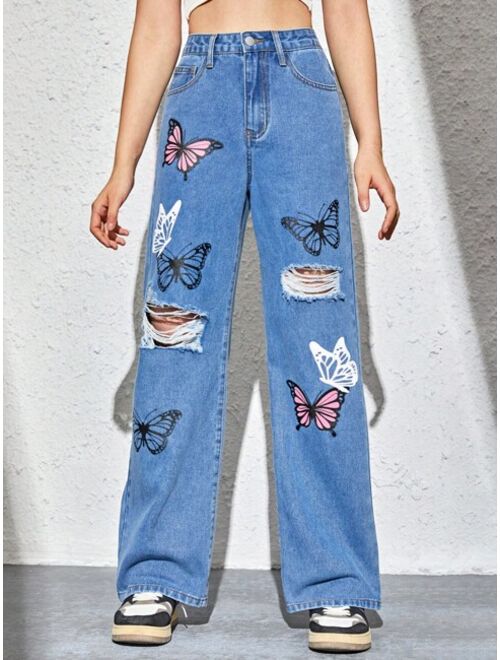 SHEIN Teen Girls Butterfly Print Ripped Straight Leg Jeans
