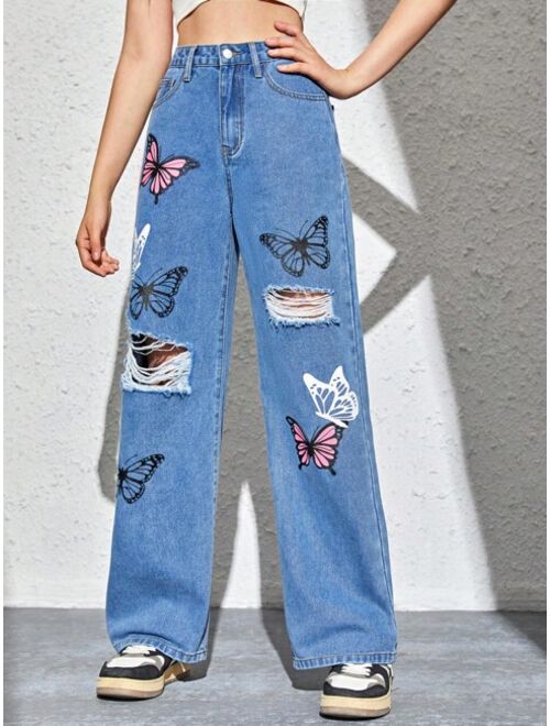 SHEIN Teen Girls Butterfly Print Ripped Straight Leg Jeans