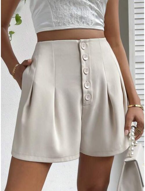 SHEIN Unity High Waist Button Fly Fold Pleated Detail Shorts