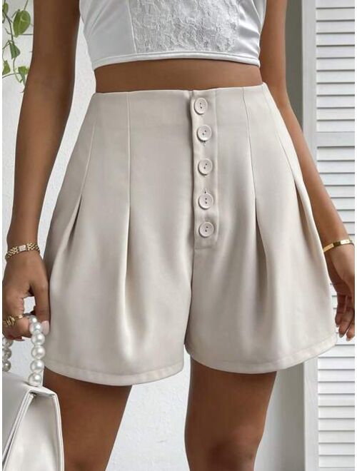 SHEIN Unity High Waist Button Fly Fold Pleated Detail Shorts