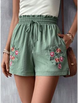 VCAY Floral Embroidery Paperbag Waist Tie Front Shorts