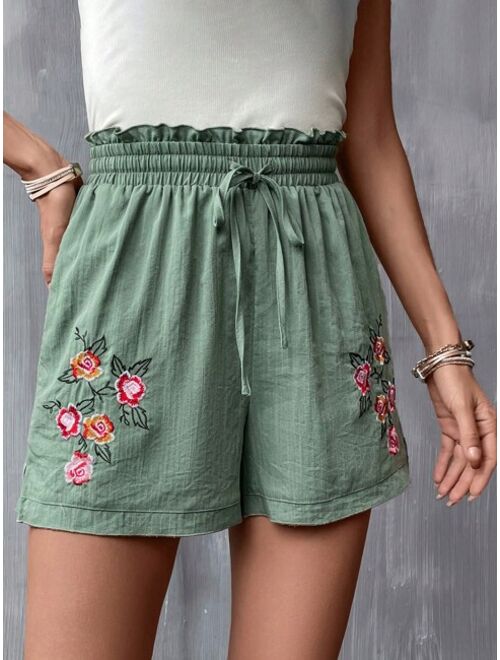 SHEIN VCAY Floral Embroidery Paperbag Waist Tie Front Shorts