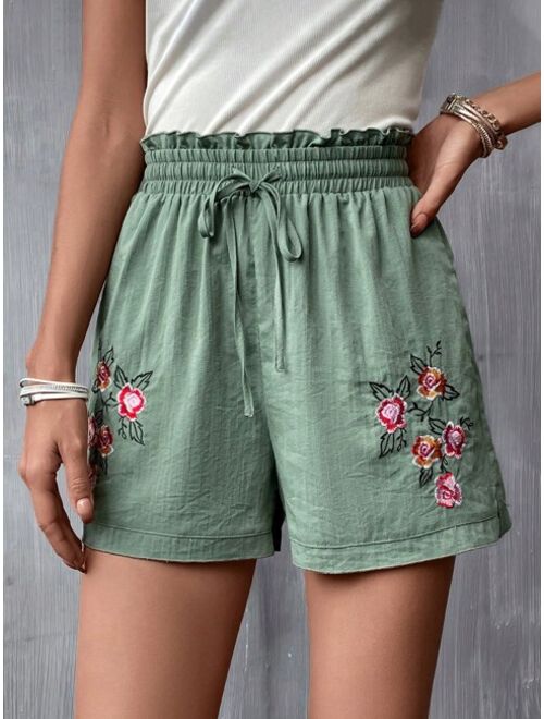 SHEIN VCAY Floral Embroidery Paperbag Waist Tie Front Shorts
