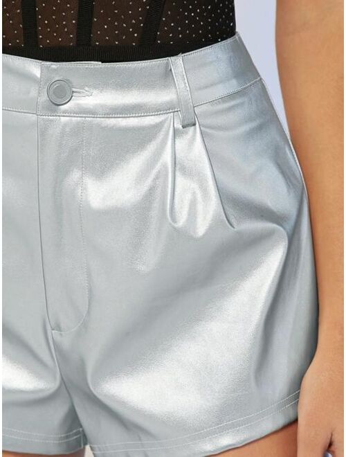 SHEIN BAE High Waist Plicated Detail PU Leather Shorts